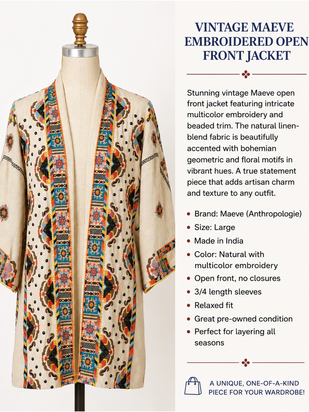 Anthropologie Natural Open-Front Embroidered Jacket with Multicolor Trim